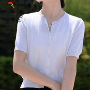 啄木鳥(niǎo)簡(jiǎn)約純棉線(xiàn)針織短袖開(kāi)襟外套2025秋薄防曬衣高腰短款小衫上衣半袖 白色 S