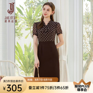 經(jīng)典故事（JANE STORY）2024新款系帶領短袖連衣裙女夏季高腰顯瘦氣質(zhì)長裙時尚通勤一步裙 咖白網(wǎng)紋 L