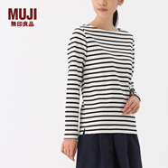 無印良品 MUJI 女式 粗棉線條紋長袖T恤 白色*橫條 L