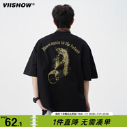 viishow純棉休閑基礎(chǔ)圓弧logo印花美式寬松短袖2025夏季T恤男半袖體恤衫 黑色 M