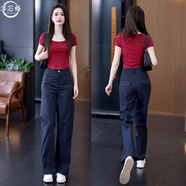 洋芯格 YOUNG FEELING天絲窄版闊腿褲女2025秋季新款高腰顯瘦休閑西裝褲百搭直筒褲子 藏青色 薄款 L /28建議體重110-120斤