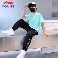 LI-NING KIDS李寧兒童運動套裝夏季運動跑步透氣速干長褲短袖t恤男大童兩件套 涼爽藍小標(biāo)A【夏季運動套裝】 140 cm