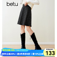 百圖betu女裝冬季新款半身裙高腰小個子毛呢格紋半裙女2311T83 深灰 S