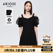 艾諾絲雅詩【商場同款】夏新珍珠網(wǎng)紗泡泡袖短袖小清新小黑裙連衣裙10429006 黑色 L