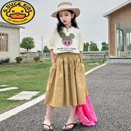 G.DUCKKIDS女童連衣裙夏季套裝2025新款小女孩休閑兩件套裙子洋氣時(shí)髦背帶裙 米奇卡其套裝 140 建議10-11歲