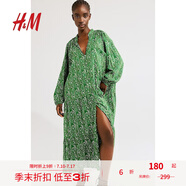 H&M女裝花卉連衣裙夏季海邊度假風(fēng)印花長袖燈籠袖連身裙1239045 綠色/圖案 M 165/96