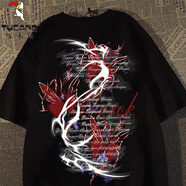 啄木鳥(niǎo)歐美高街蝴蝶印花純棉短袖t恤男女士夏美式oversize情侶潮牌上衣 黑色 S （寬松版型的，尺碼偏大哦）