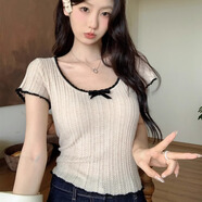 簡(jiǎn)豐姿短袖女t恤正肩輕薄針織衫夏裝2025新款顯瘦遮肚子甜美上衣純欲風(fēng) 黑色花邊蝴蝶結短袖【杏色】 均碼 【建議80-120斤】