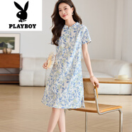 花公子(PLAYBOY)媽媽棉連衣裙2025新款今年流行夏季新中式改良旗袍裙休閑裙子女 85純棉藍(lán)花 2XL (150-165左右)