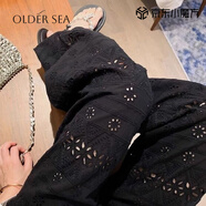 OLDER SEA外穿女裝秋季新款高腰蕾絲鏤空時(shí)尚闊腿褲胖mm寬松顯瘦直筒休閑褲 黑色 XL 【120-135斤】