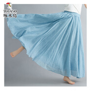 啄木鳥(niǎo)夏新款文藝大碼棉麻半身裙松緊腰長(cháng)款純色民族風(fēng) 淺牛仔 M 85C(建議90-140斤)