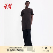 H&M女裝連衣裙秋季純棉圓領(lǐng)短袖簡約休閑舒適T恤式連身裙1278156 深棕色 L 170/104