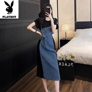 花花公子（PLAYBOY）休閑運(yùn)動(dòng)牛仔拼接連衣裙女夏季薄款炸街減齡洋氣時(shí)尚假兩件t恤裙 假兩件連衣裙-旗艦款 M _【建議100斤以內(nèi)】
