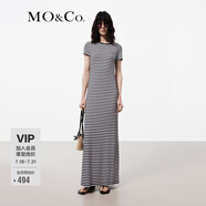MO&Co.連衣裙春夏法式海魂風(fēng)藍(lán)白條紋精裁正肩短袖開叉長裙摩安珂 藍(lán)白條色 XS 155