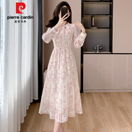 皮爾卡丹（pierre cardin）法式感碎花雪紡連衣裙女秋季2025新款荷葉邊長(zhǎng)袖顯瘦百褶裙子 粉色 S (80-95斤)