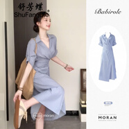 舒芳蝶（shufangdie）韓系氣質(zhì)優(yōu)雅藍(lán)色條紋襯衫連衣裙女夏季設(shè)計(jì)小眾高級(jí)收腰顯瘦長(zhǎng)裙 藍(lán)色條紋 M