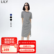 LILY夏新款女裝洋氣條紋別致不對(duì)稱時(shí)髦開(kāi)叉短袖修身款連衣裙 510黑 S