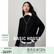 Basic House/百家好純羊毛針織衫毛衣女士秋冬新款新年紅色圓領(lǐng)套頭休閑百搭 黑色 M 85-125斤