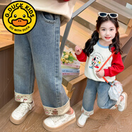 G.duck女童卡通卷邊牛仔褲2025韓版煙管褲直筒秋裝女寶褲子 藍色 卡通牛仔褲卷邊 90 cm 90身高