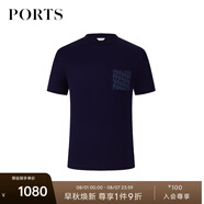 PORTS寶姿男裝早秋抗皺皮馬棉雙P LOGO印花貼袋短袖T恤衫 藏青色 S