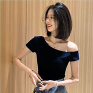 吉馬克（jimake）甜辣純棉露肩短款t恤女短袖夏裝修身高腰純欲一字肩緊身斜肩上衣F 藏藍(lán)色【優(yōu)質(zhì)高彈純棉】 S  70-95斤