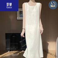 羅蒙（ROMON）春夏無(wú)袖連衣裙a字裙文藝范亞麻背心裙休閑寬松涼快裙子圓領(lǐng)休閑 高檔品牌白色 XL 120-135