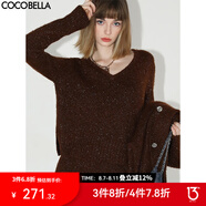 COCOBELLA[美拉德穿搭]細(xì)閃亮片大V領(lǐng)毛衣加厚針織衫MZ572-2 焦糖棕 M