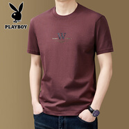 花花公子（PLAYBOY）250g純棉短袖T恤男夏季重磅長(cháng)絨棉潮牌印花體恤上衣 KSYS8865楓葉紅 M 165推薦100-120斤