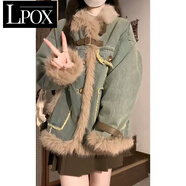 LPOX棉服女牛仔毛毛外套女冬季寬松加厚保暖高級感拼接復古潮 復古藍 [夾棉] M