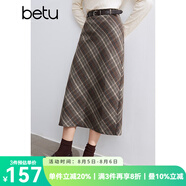 百圖betu女裝冬季新款半身裙直筒復(fù)古格紋百搭顯瘦裙子女2410D04 咖格 S
