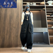 禾沁亞秋季穿的工裝背帶褲歐貨大口袋春寬松大碼休閑洋氣直筒肥寬腿掉帶 黑色 M [建議95-115斤]