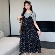 依鎏衣品夏季新款寬松遮肚拼接雪紡碎花孕婦連衣裙假兩件短袖吊帶孕婦裙 黑色碎花7845# XL建議130-145斤