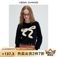 VEGA CHANG毛衣女2025秋冬新款慵懶仿貂毛蝴蝶結(jié)圓領(lǐng)套頭毛針織衫 簡(jiǎn)約黑 L