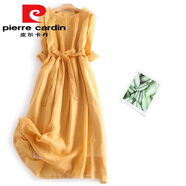 皮爾卡丹（pierre cardin）意大利高端品牌余單女風(fēng)琴褶苧麻仙女裙大擺棉亞麻連衣裙 黃色(少量現(xiàn)貨)今年流行的輕奢品 M 【建議90-110斤】