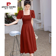 皮爾卡丹（pierre cardin）法式連衣裙2025夏季新款簡(jiǎn)約通勤方扣領(lǐng)泡泡袖松緊腰過(guò)膝茶歇裙 酒紅色 今年流行的輕奢品牌 S