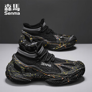 SENMA森馬黑色椰子鞋男夏季網(wǎng)面透氣青少年運動(dòng)超輕減震跑步瑜伽防滑襪子鞋 彩黑 39