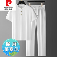皮爾卡丹（pierre cardin）高端天絲棉麻休閑套裝男夏季薄款寬松大碼短袖中年爸爸運(yùn)動(dòng)兩件套 白色 M 110-130斤左右
