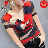 皮爾卡丹（pierre cardin）短袖上衣女歐洲站2025夏季新款時(shí)尚豹紋印花性感V領(lǐng)修身網(wǎng)紗T恤 Q31-短袖【紅藍(lán)條】 M 建議100-110斤