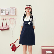 紫涵（ZIHAN）假兩件襯衫拼接背帶裙女2025年夏季新款學(xué)院風(fēng)減齡短袖a字裙 深藏青 XS