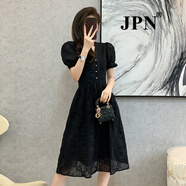 JPN香港潮牌高端拼接蕾絲連衣裙女夏季新款V領(lǐng)提花顯瘦時(shí)尚小黑裙子 黑色 S