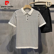 皮爾卡丹（pierre cardin）輕奢英倫紳士修身翻領(lǐng)針織POLO衫時尚拼色條紋冰絲透氣體恤 白黑色 M 100-115斤