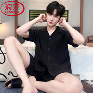 浪莎（LangSha）輕奢睡衣男士夏季冰絲短袖短褲青少年男生夏天薄款仿真家居服套裝 171#【雙短】 L 建議體重100-120斤