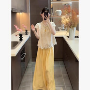 妍莉芬（yanlifen）新中式國風(fēng)套裝女提花上衣闊腿褲兩件套時尚2025年夏季女裝新款 杏色短袖襯衫+黃色闊腿褲 L (105-115斤內(nèi))