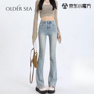 OLDER SEA淺色美式微喇叭牛仔褲女夏季新款高腰顯瘦彈力小個(gè)子復(fù)古馬蹄褲子 水洗藍(lán) M 建議95-105斤