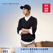 TOMMY HILFIGER【柔軟純棉】25秋冬男撞色條紋學(xué)院風(fēng)針織衫/情侶款純色毛衣 【純色V領(lǐng)】經(jīng)典黑BDS S  （推薦：120-135斤）