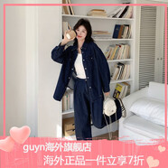 GUYN韓版時(shí)尚氣質(zhì)減齡牛仔套裝女秋秋2025新款學(xué)院風(fēng)襯衫直筒褲兩件套 深藍色 M 均碼