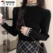 啄木鳥(niǎo)（TUCANO）2025秋冬新款珍珠毛衣針織拼接長(cháng)袖上衣小香風(fēng)半高領(lǐng)內搭打底衫女 黑色 L