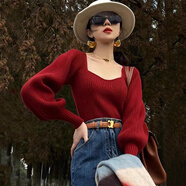 熒蒂（YINGDI）2025網(wǎng)紅新款復古紅色毛衣秋燈籠袖短款方領(lǐng)一針織衫上衣 【酒紅色】 L