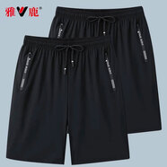 雅鹿冰絲短褲男夏季新款休閑彈力五分褲青年運動(dòng)寬松透氣男士沙灘短褲 （2條裝五分褲）黑+黑 4XL （重145-160斤高170-185）