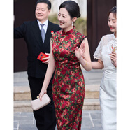 帕絲特婚慶禮服喜婆婆無(wú)袖結婚宴會(huì )新中式印花旗袍連衣裙 紅色  2XL